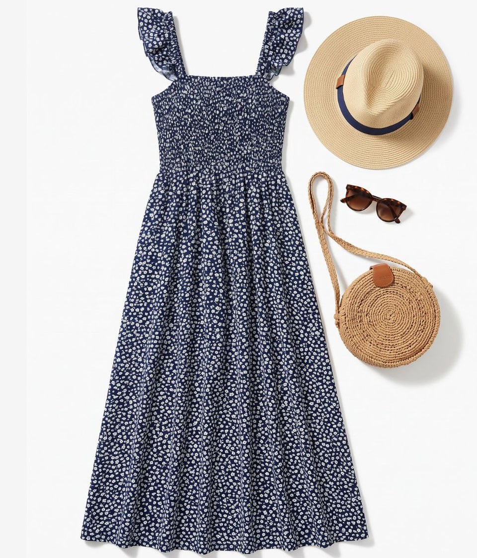 Mitzy Navy Floral Shirred Bodice Midaxi Dress