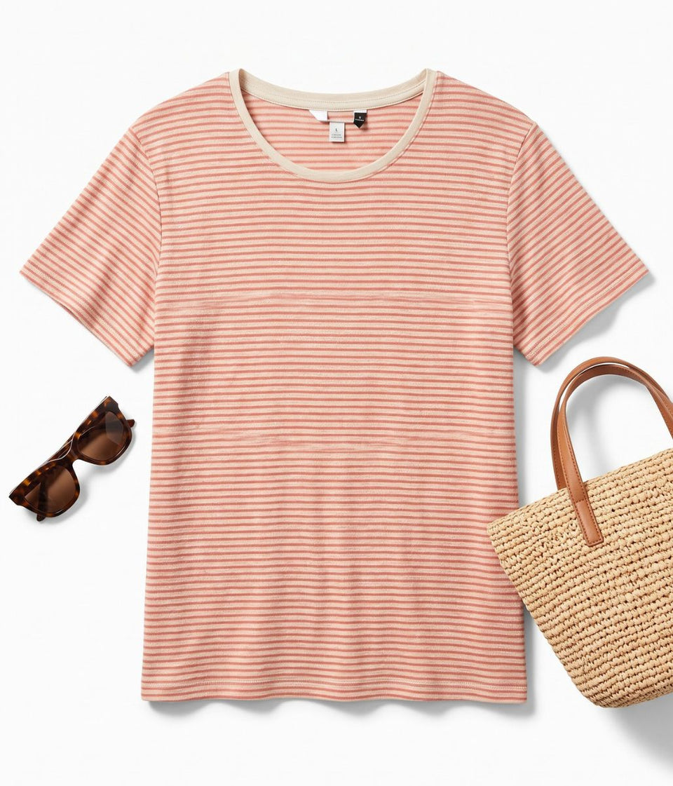 Orange Striped Linen Blend Crew Neck Top