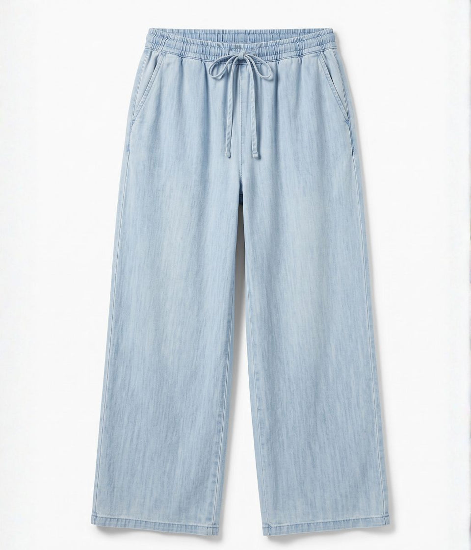 Light Blue Cotton Rich Drawstring Wide Leg Trousers