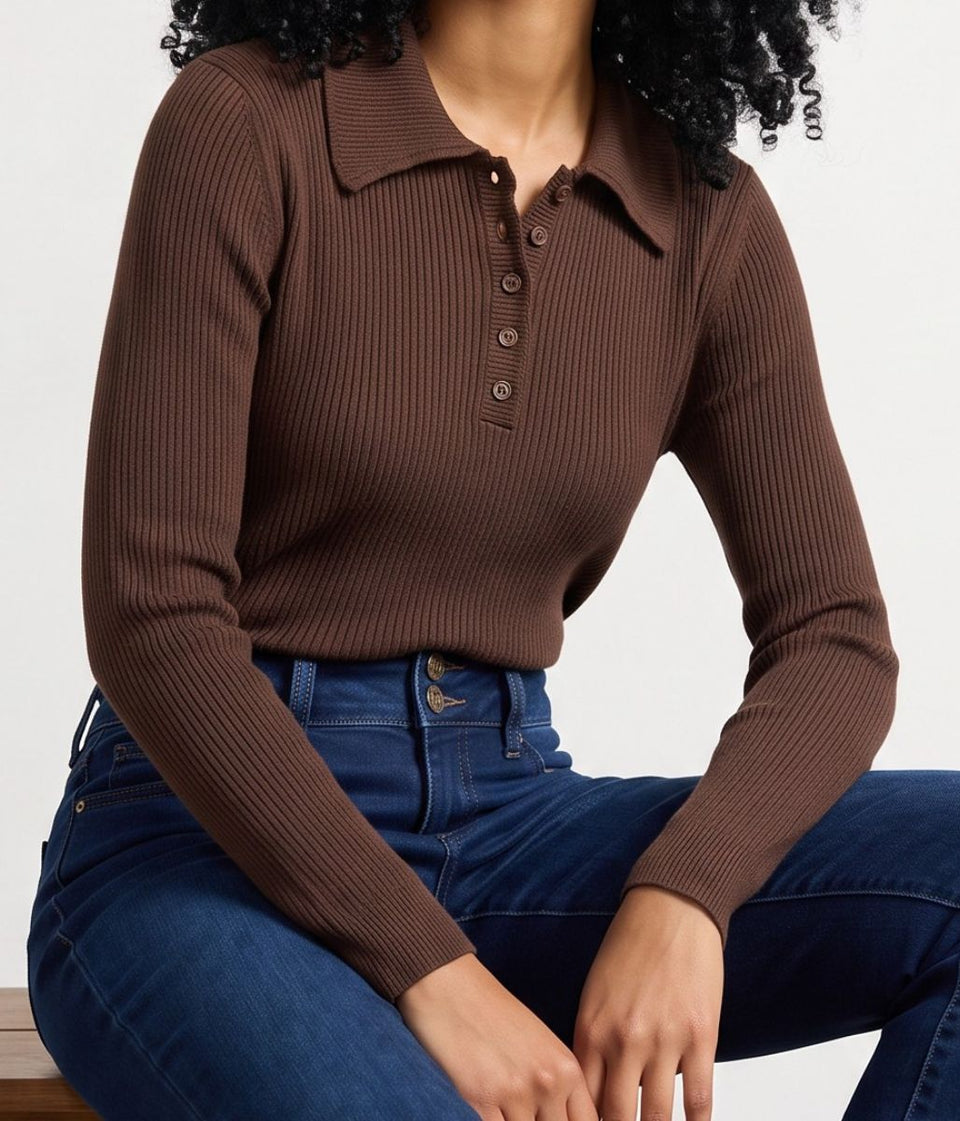Brown Ribbed Button Collared Jumper