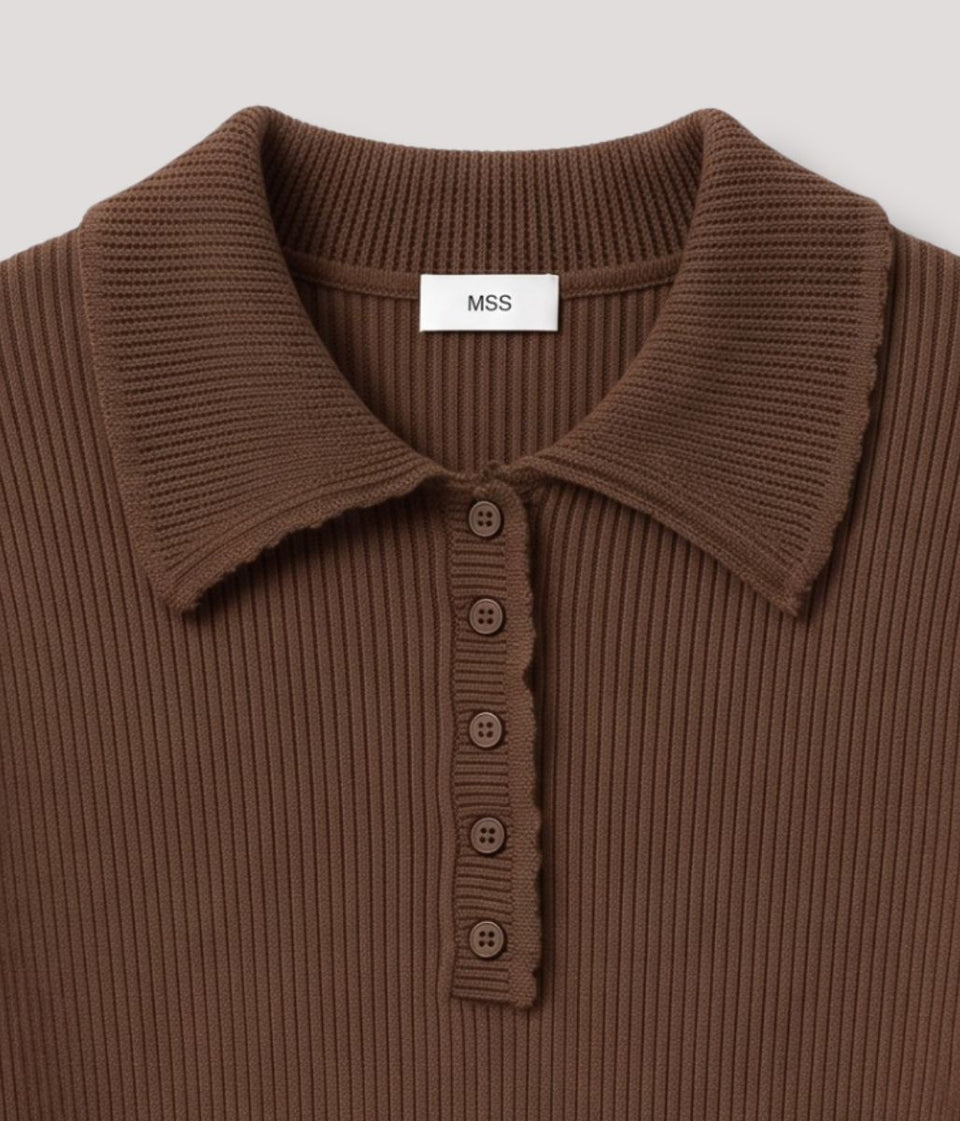 Brown Ribbed Button Collared Jumper