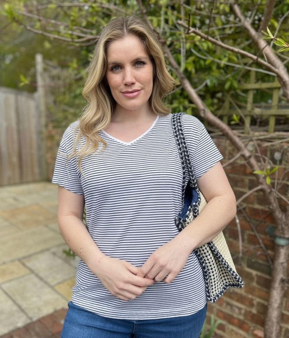 Black Striped Linen Blend V Neck T Shirt