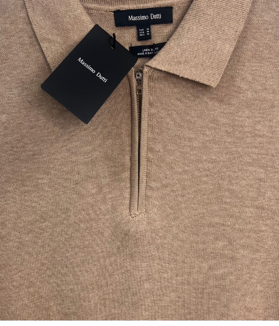 Mens Beige Linen Blend Zip Polo Top - Imperfect