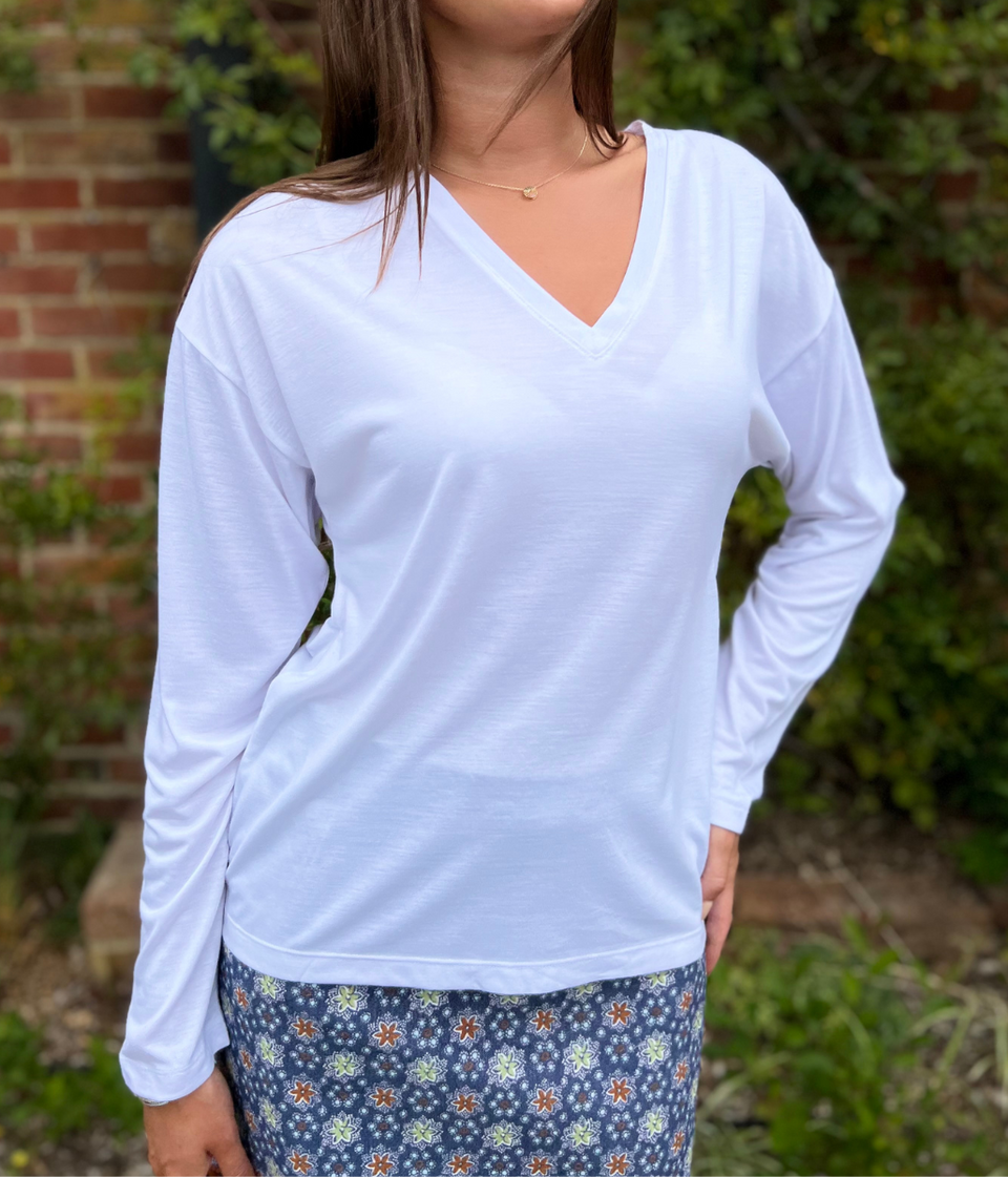 White V Neck Long Sleeve T Shirt
