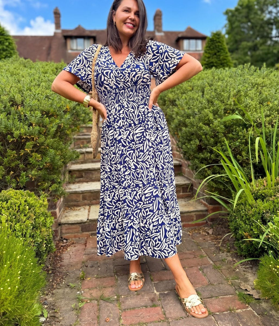 Navy Paloma Shirred Waist Midi Dress