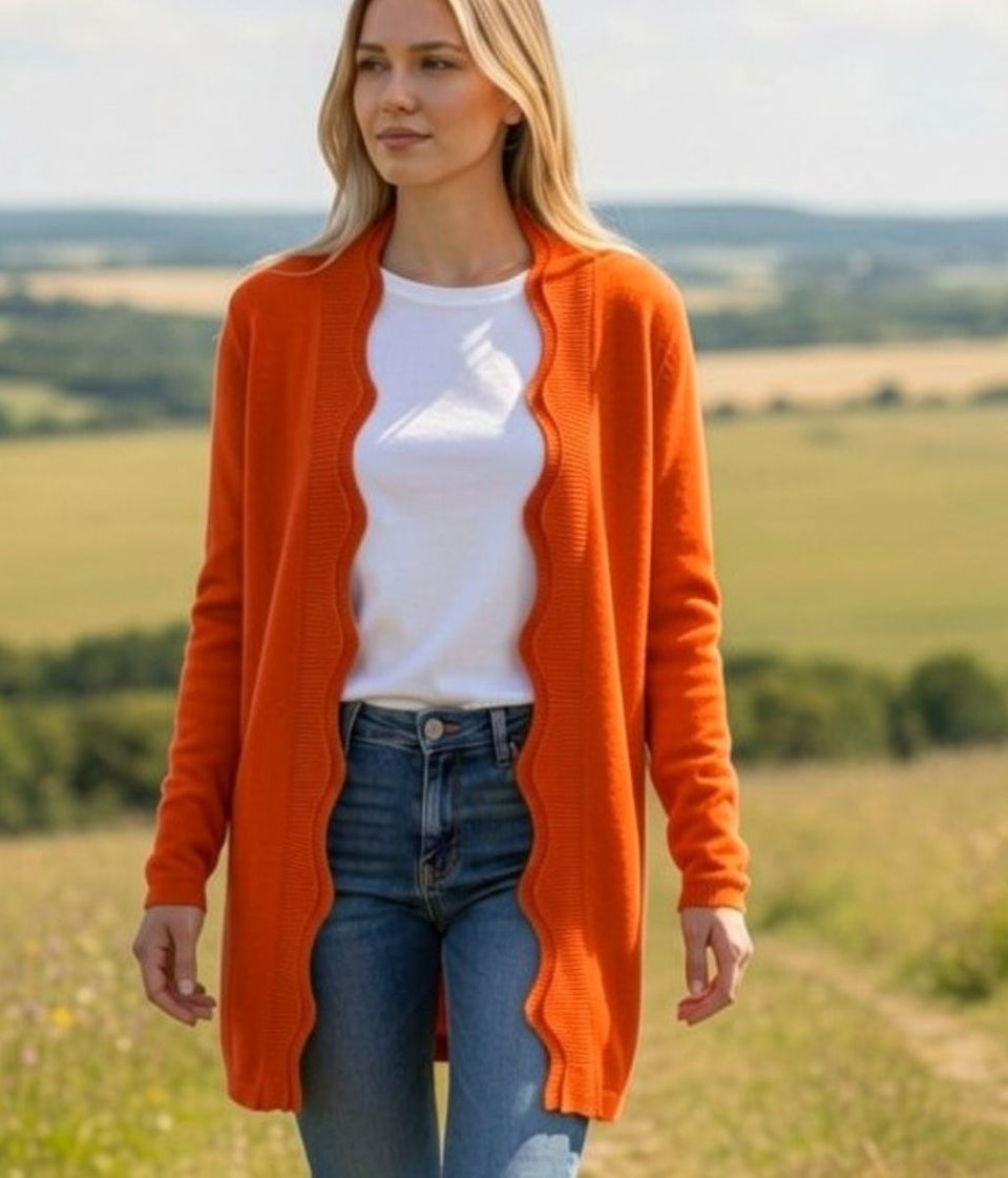 Orange Scallop Edge Open Cardigan