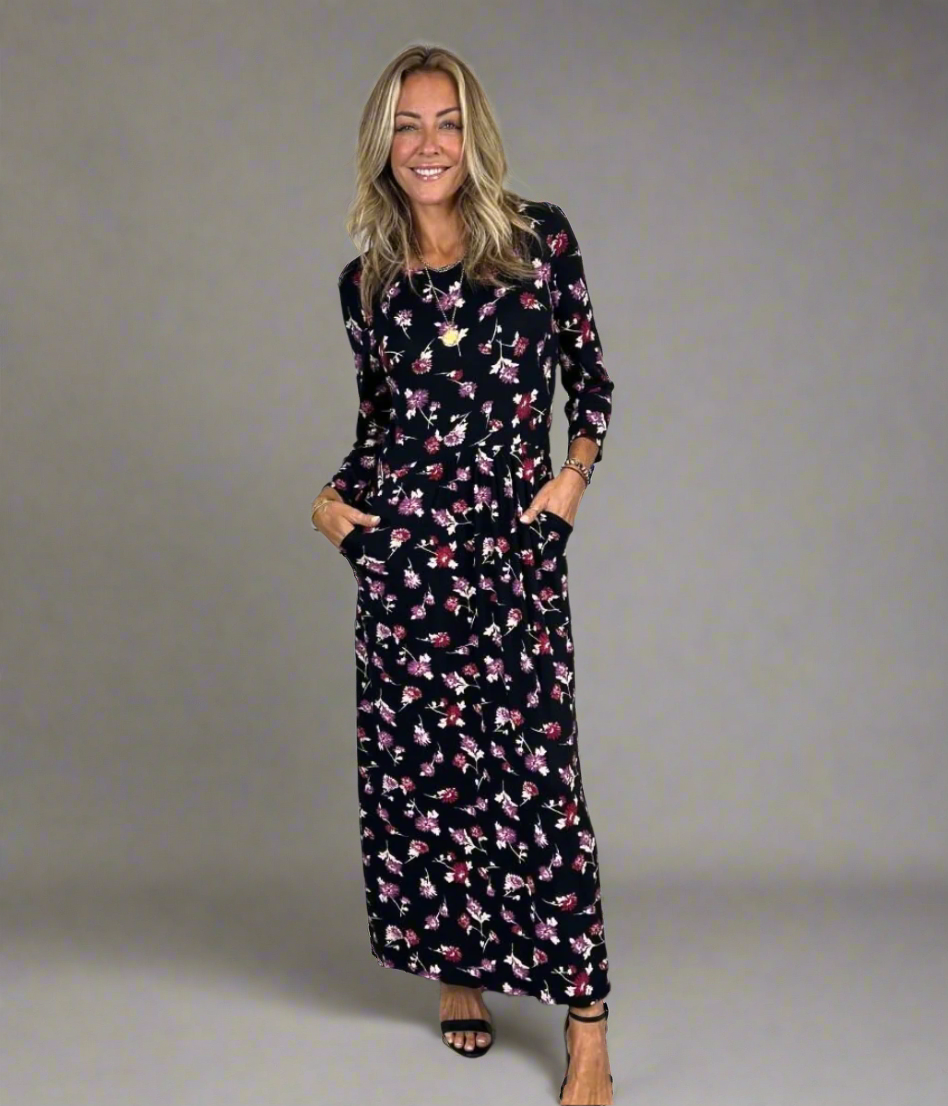 Black Floral Jersey Midi Dress