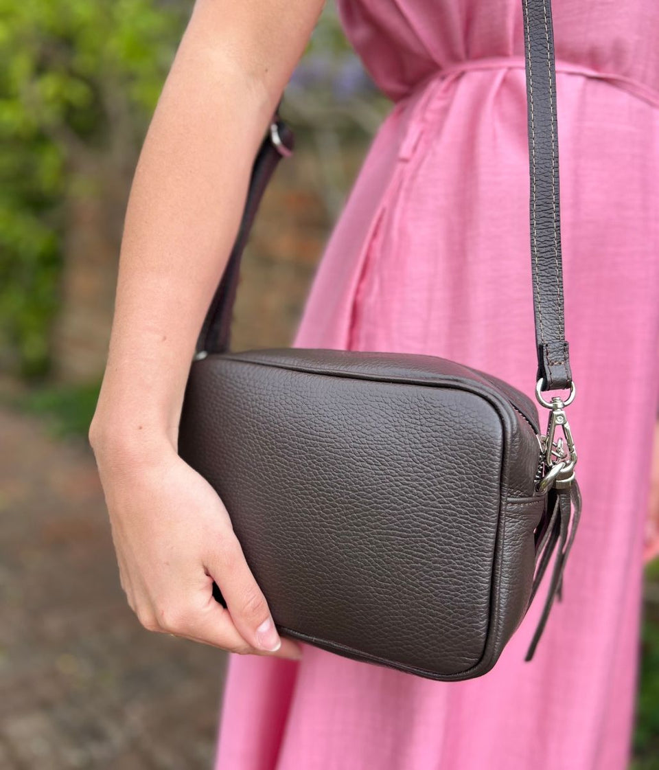 Chocolate Brown Leather Tassel Camera Bag