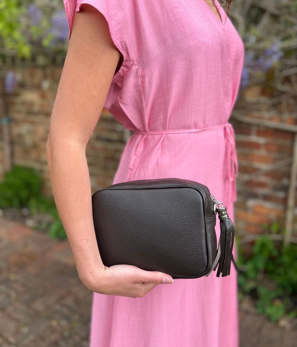 Chocolate Brown Leather Tassel Camera Bag