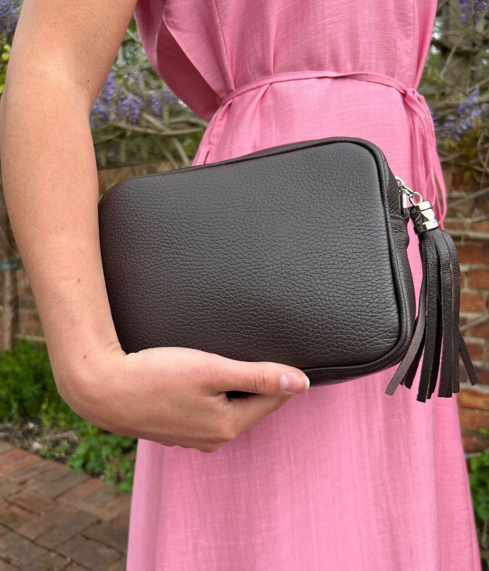 Chocolate Brown Leather Tassel Camera Bag