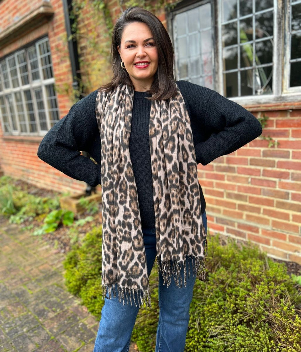 Leopard Print Wool Blend Scarf