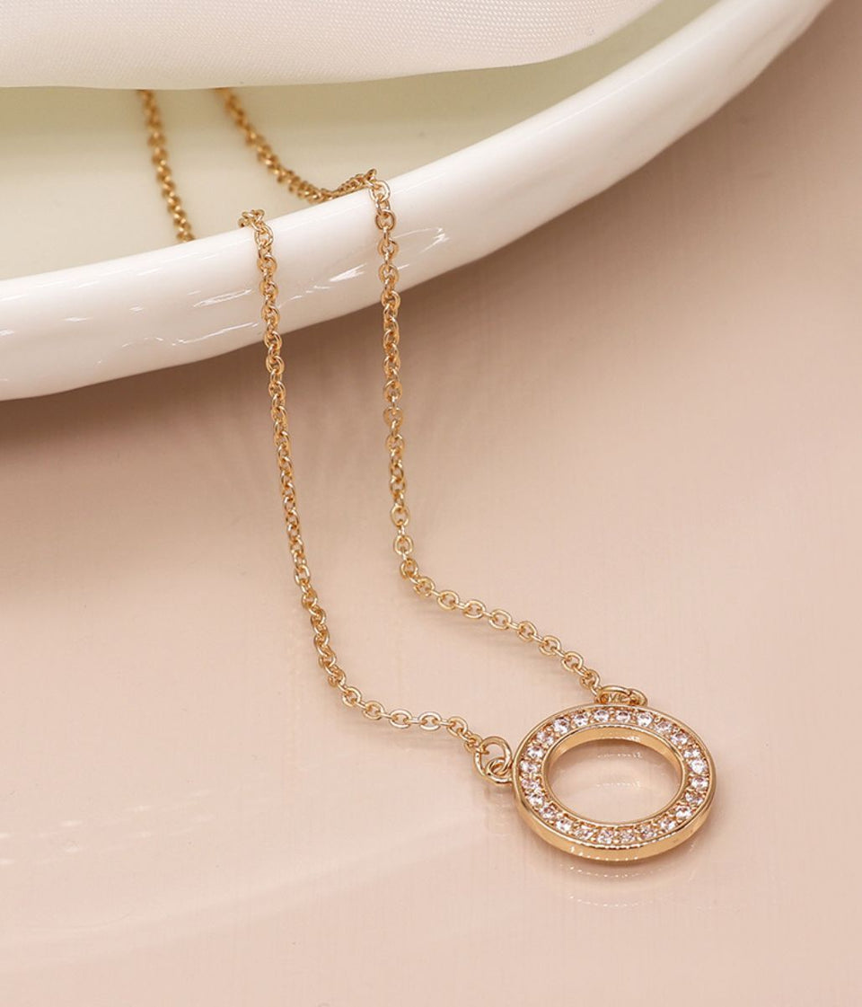 POM Golden Crystal Inset Circle Necklace
