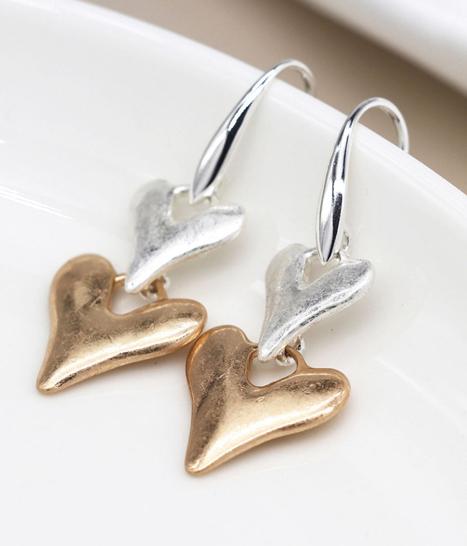 POM Silver Plated & Golden Heart Drop Earrings