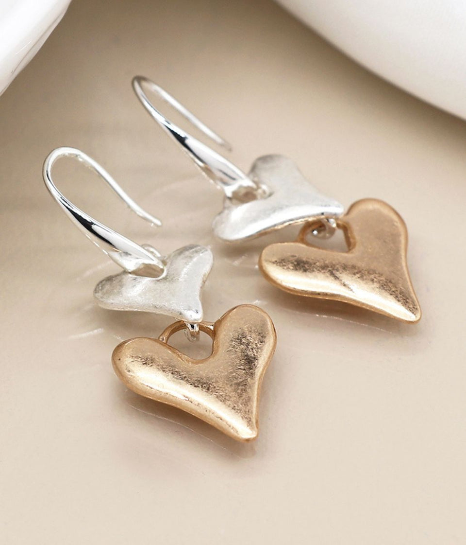 POM Silver Plated & Golden Heart Drop Earrings