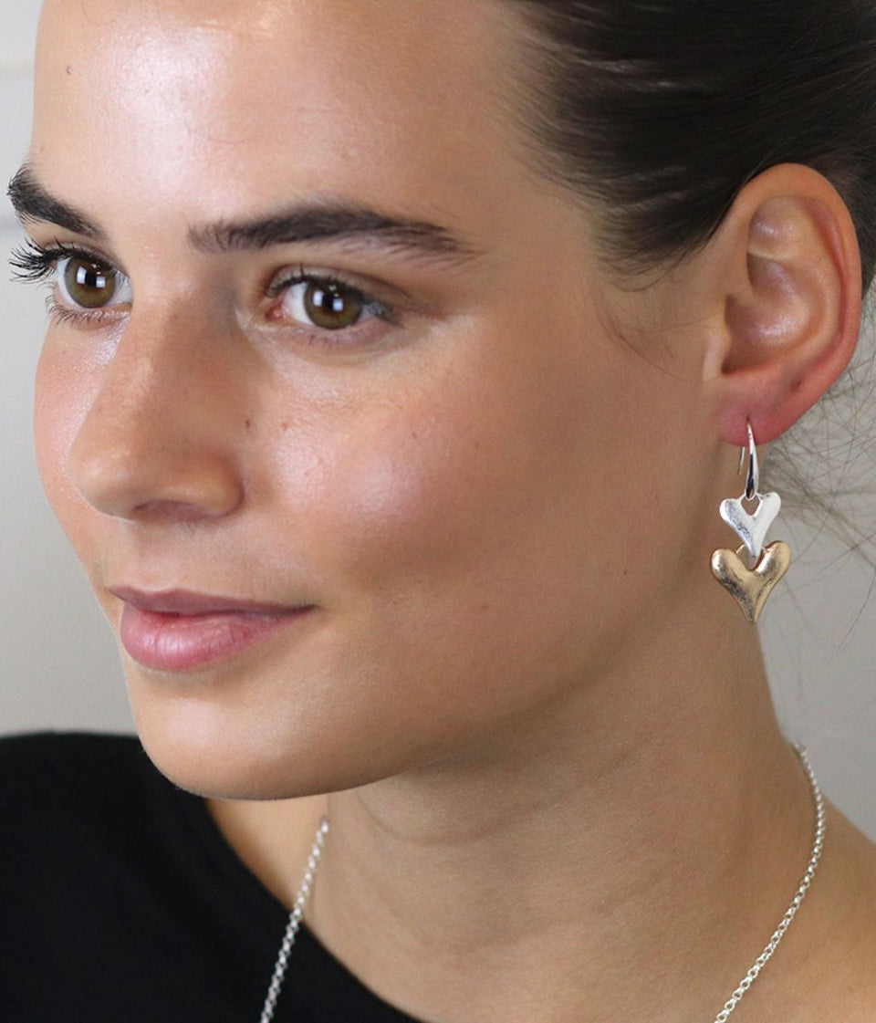 POM Silver Plated & Golden Heart Drop Earrings