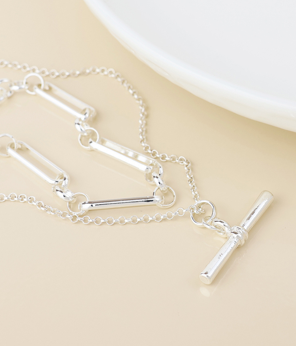 POM Silver Plated layered Chain and T-bar Necklace
