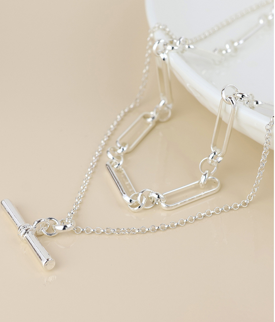 POM Silver Plated layered Chain and T-bar Necklace