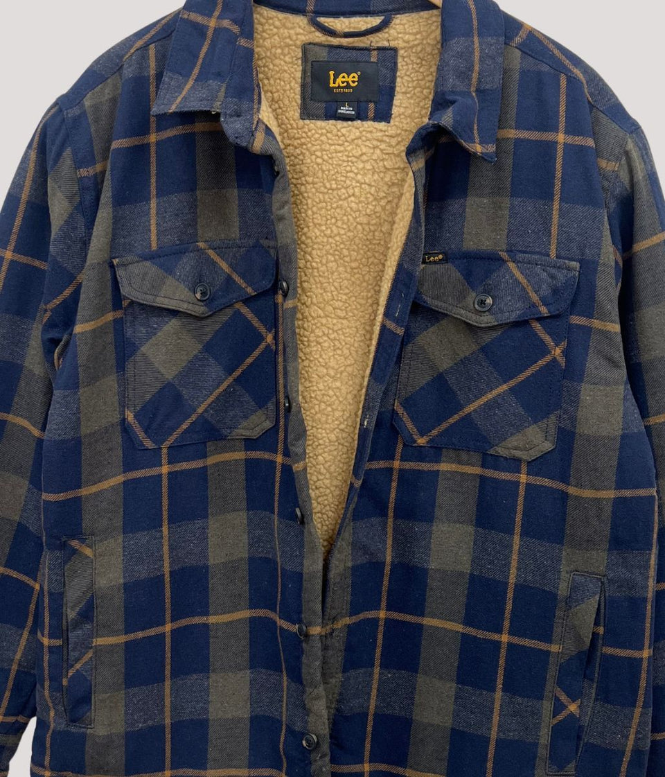 Mens Navy Fleece Lined Check Shacket