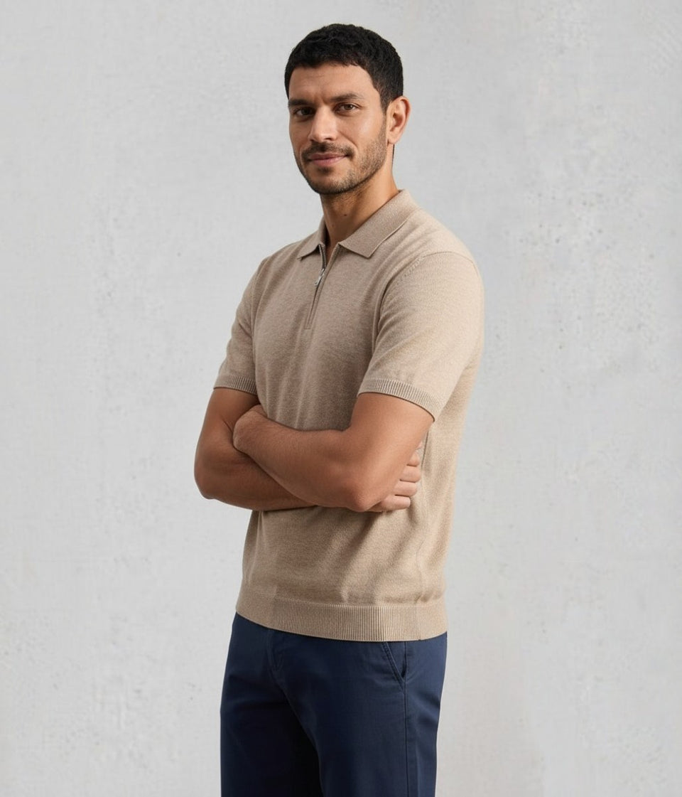 Mens Beige Linen Blend Zip Polo Top - Imperfect
