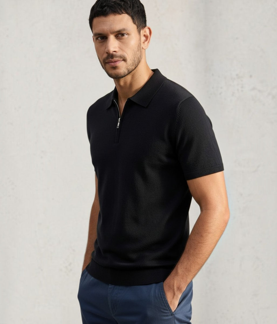 Mens Black Linen Blend Zip Polo Top - Imperfect