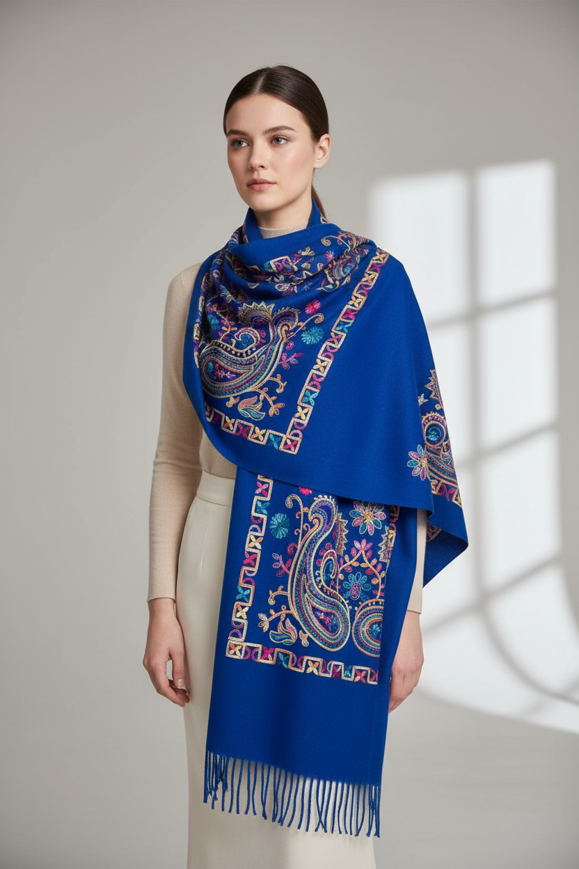 Blue Embroidered Cashmere Blend Scarf