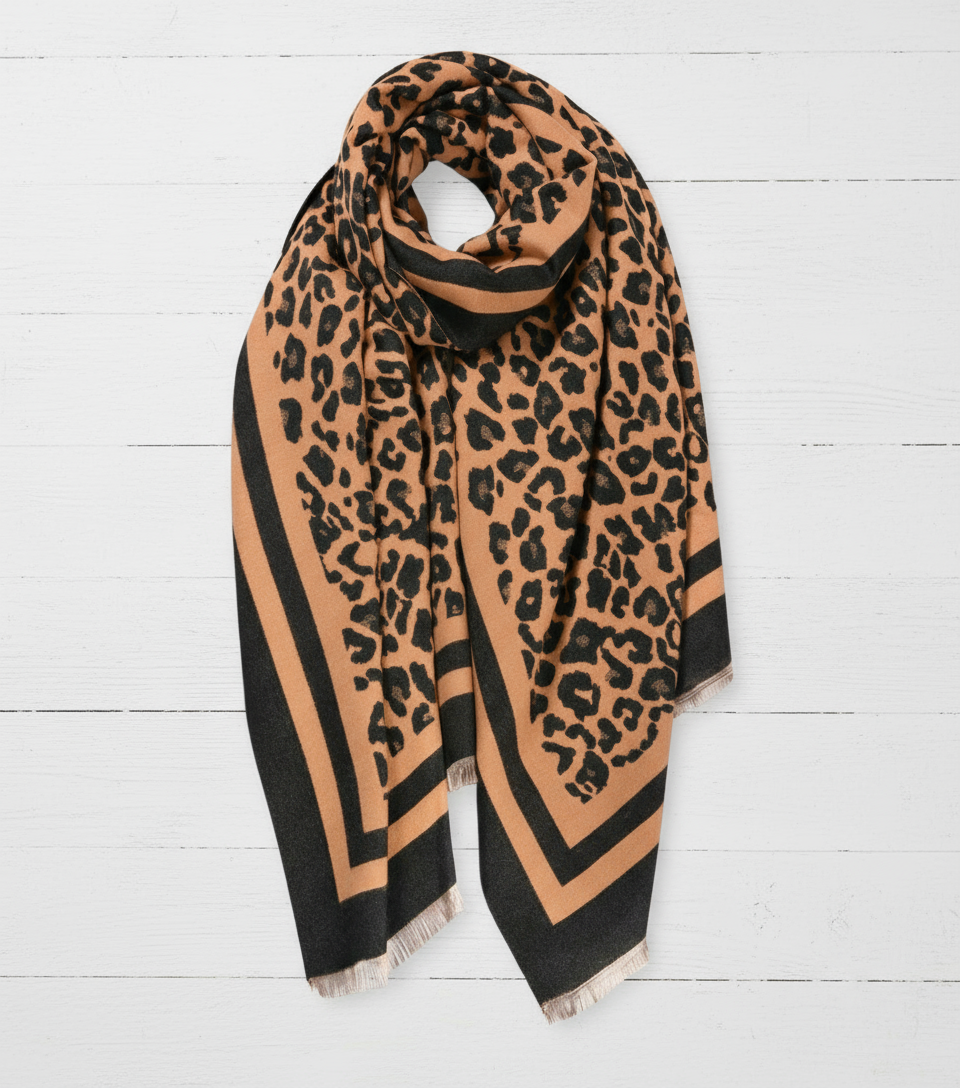 Black & Camel Leopard Print Cashmere Blend Scarf
