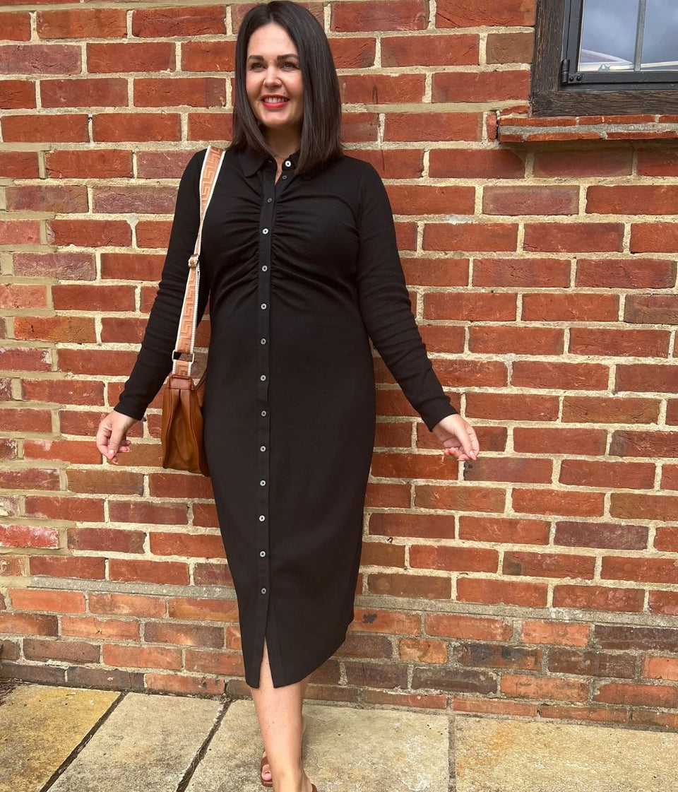 Black Buttoned Ribbed Midi Shirt Dress