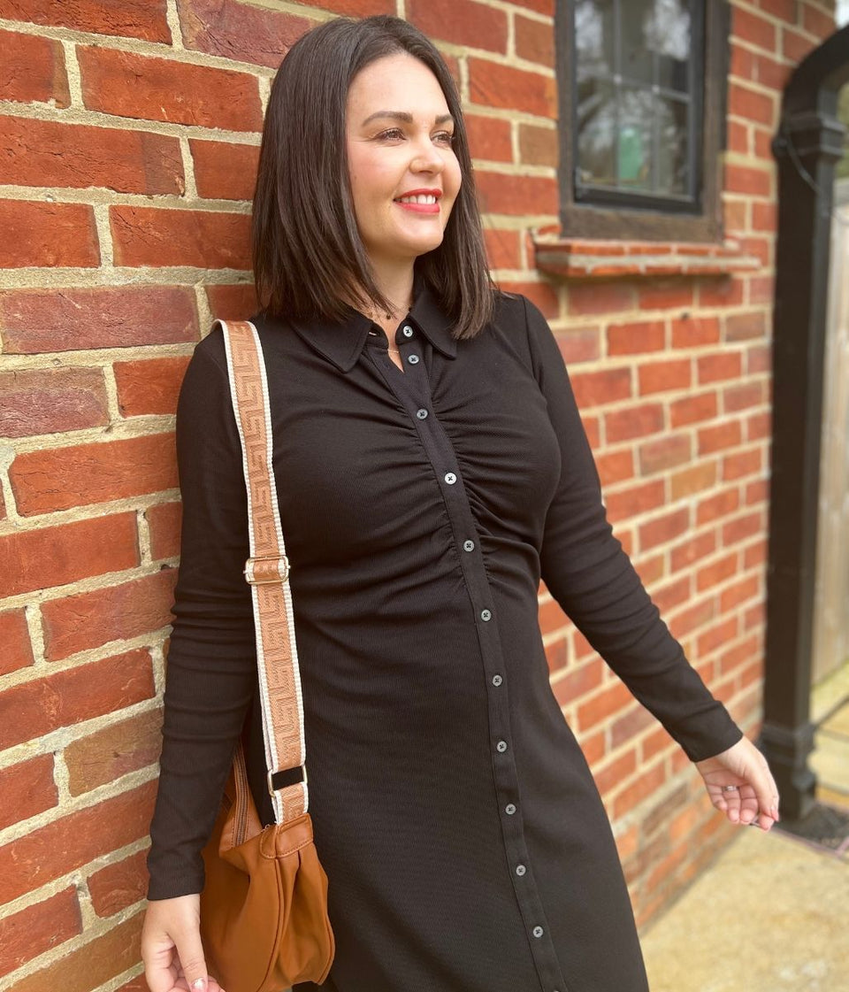 Black Buttoned Ribbed Midi Shirt Dress