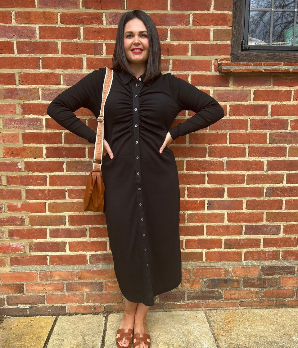 Black Buttoned Ribbed Midi Shirt Dress