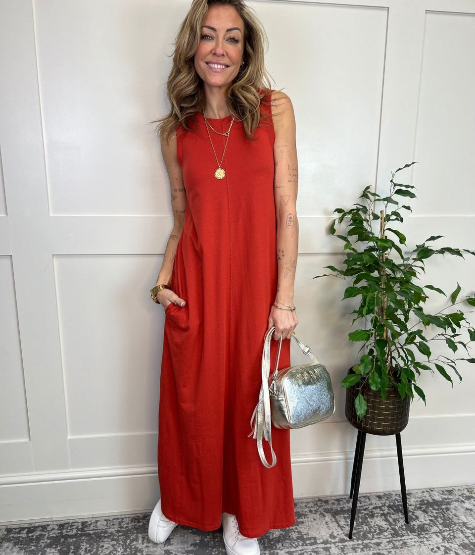 Orange Sleeveless Jersey Midi Dress