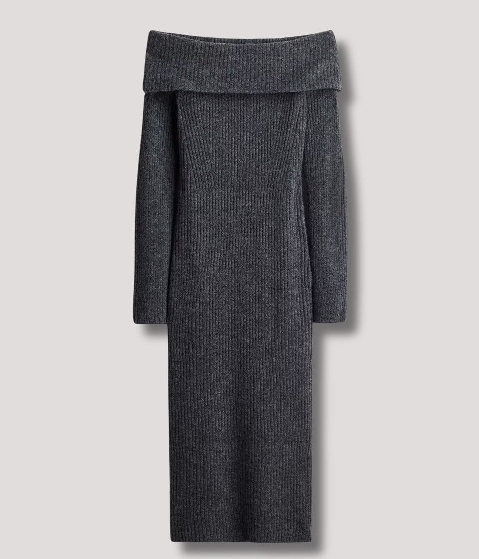 Grey Off Shoulder Knitted Dress