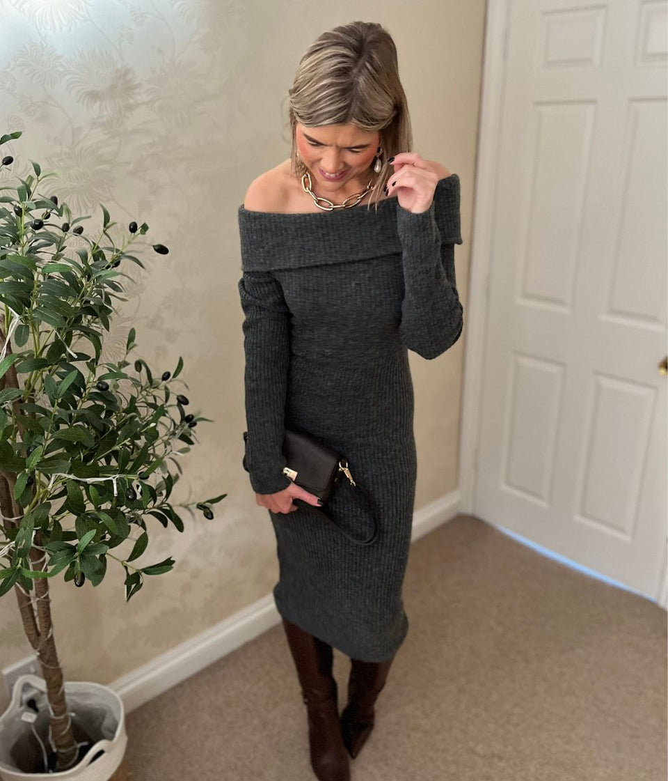 Grey Off Shoulder Knitted Dress