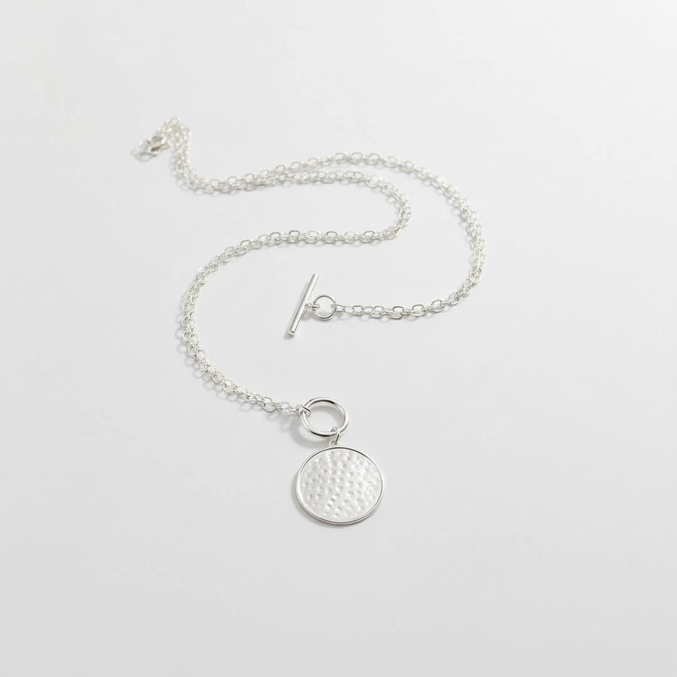 Silver Hammered Disc T Bar Necklace