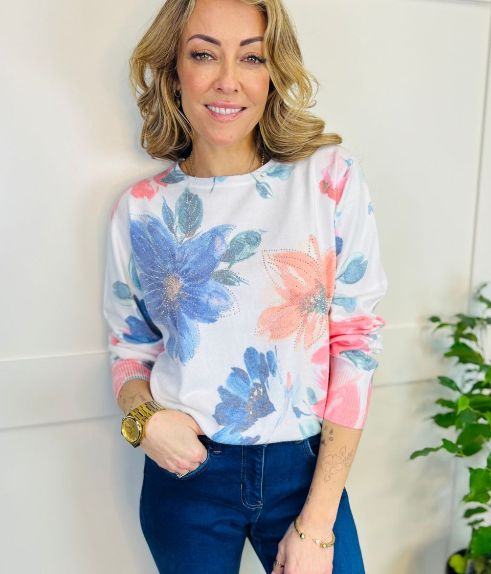 Floral Print Pastel Diamante Jumper