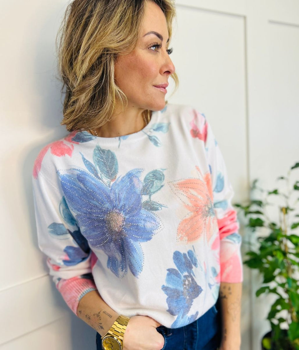 Floral Print Pastel Diamante Jumper