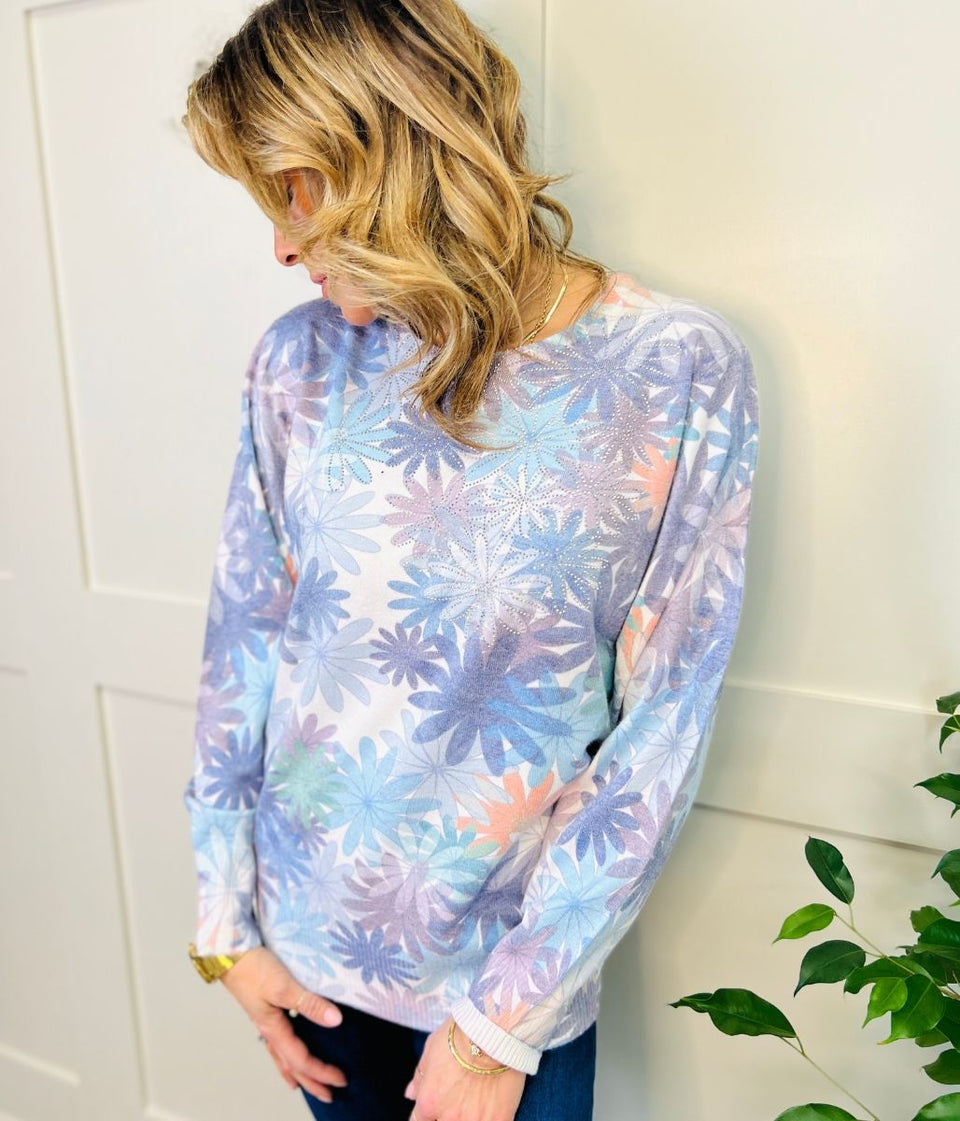 Daisy Print Pastel Diamante Spring Jumper