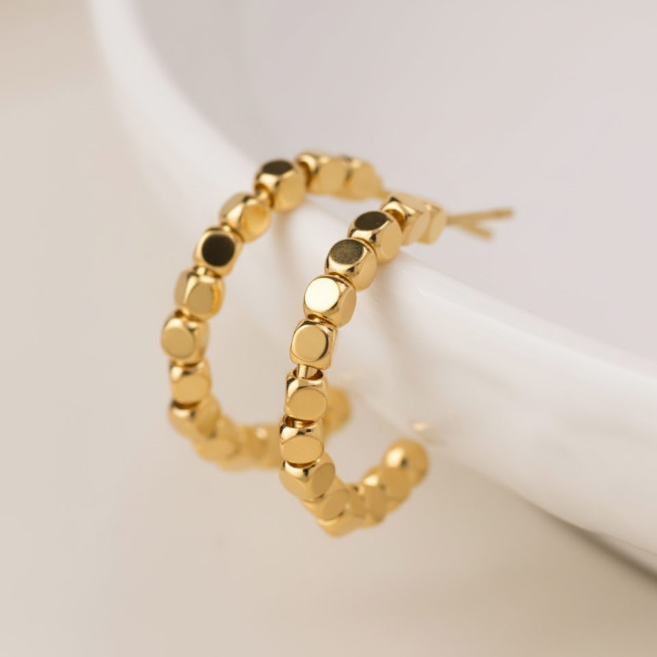 POM Gold Cube Bead Hoop Earrings