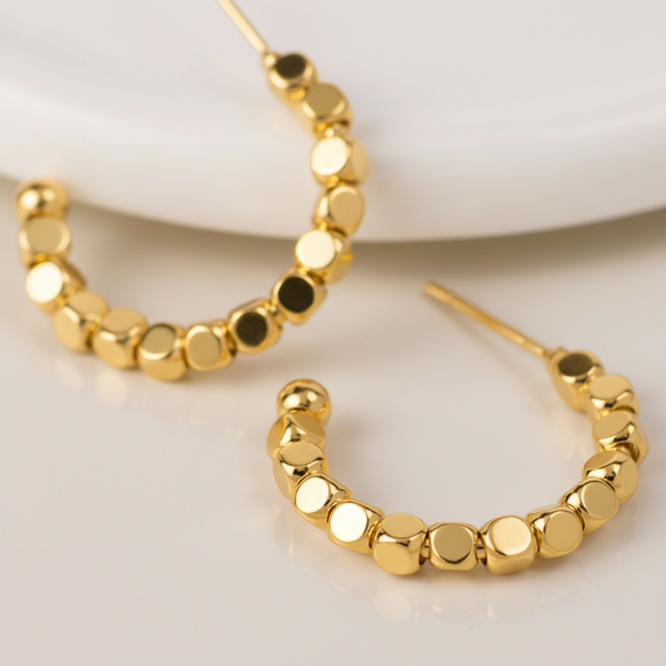 POM Gold Cube Bead Hoop Earrings