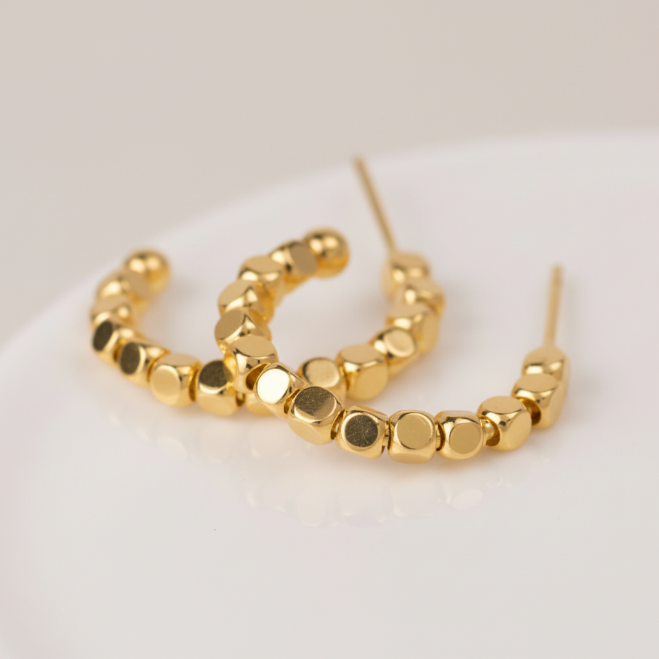 POM Gold Cube Bead Hoop Earrings