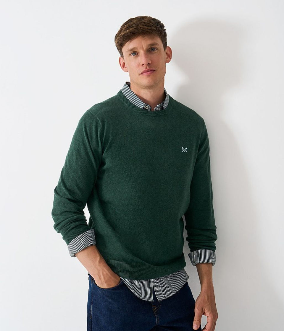 Dark Green Mens Cotton Crew Neck Logo Jumper