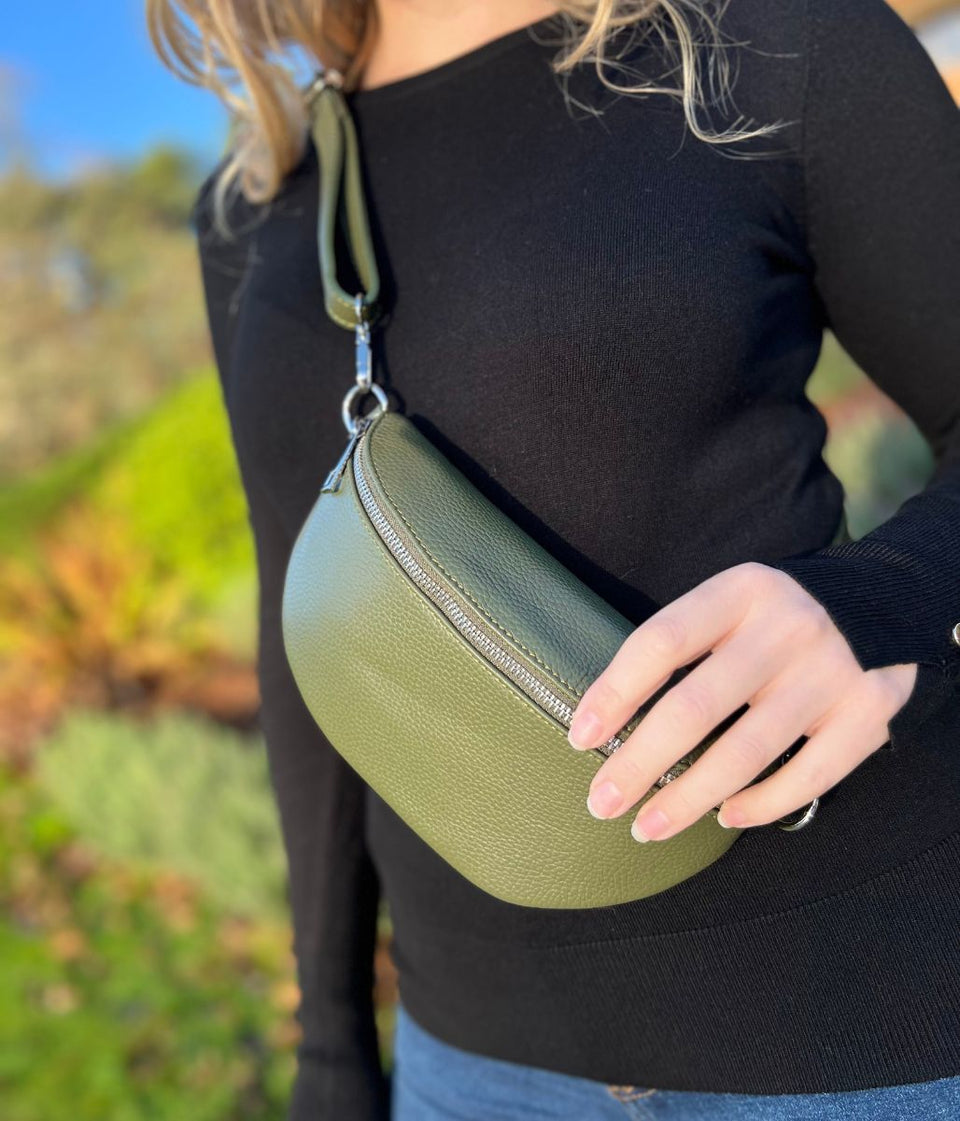 Green Leather Sling Crossbody Bag