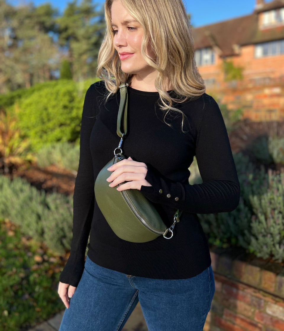 Green Leather Sling Crossbody Bag