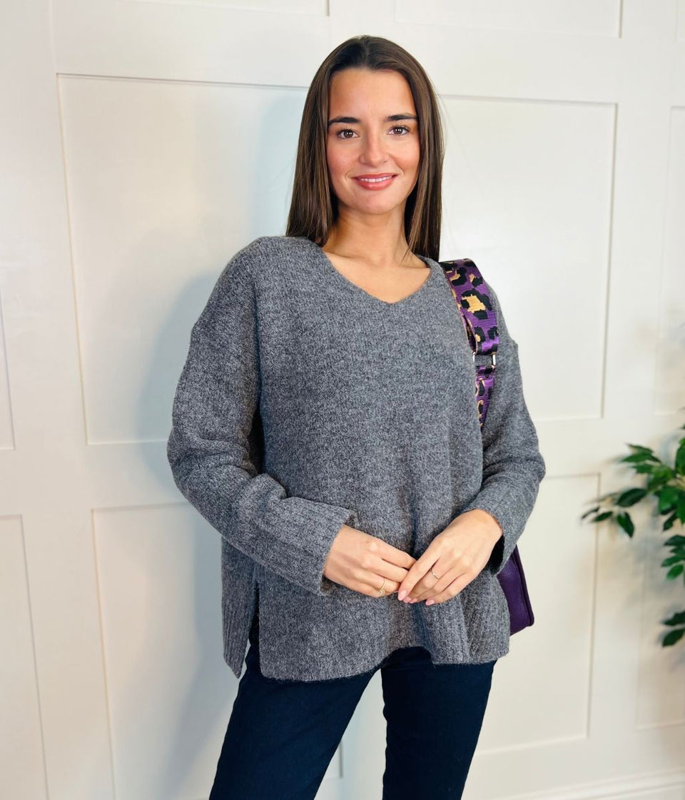 Grey V Neck Wool Blend Jumper