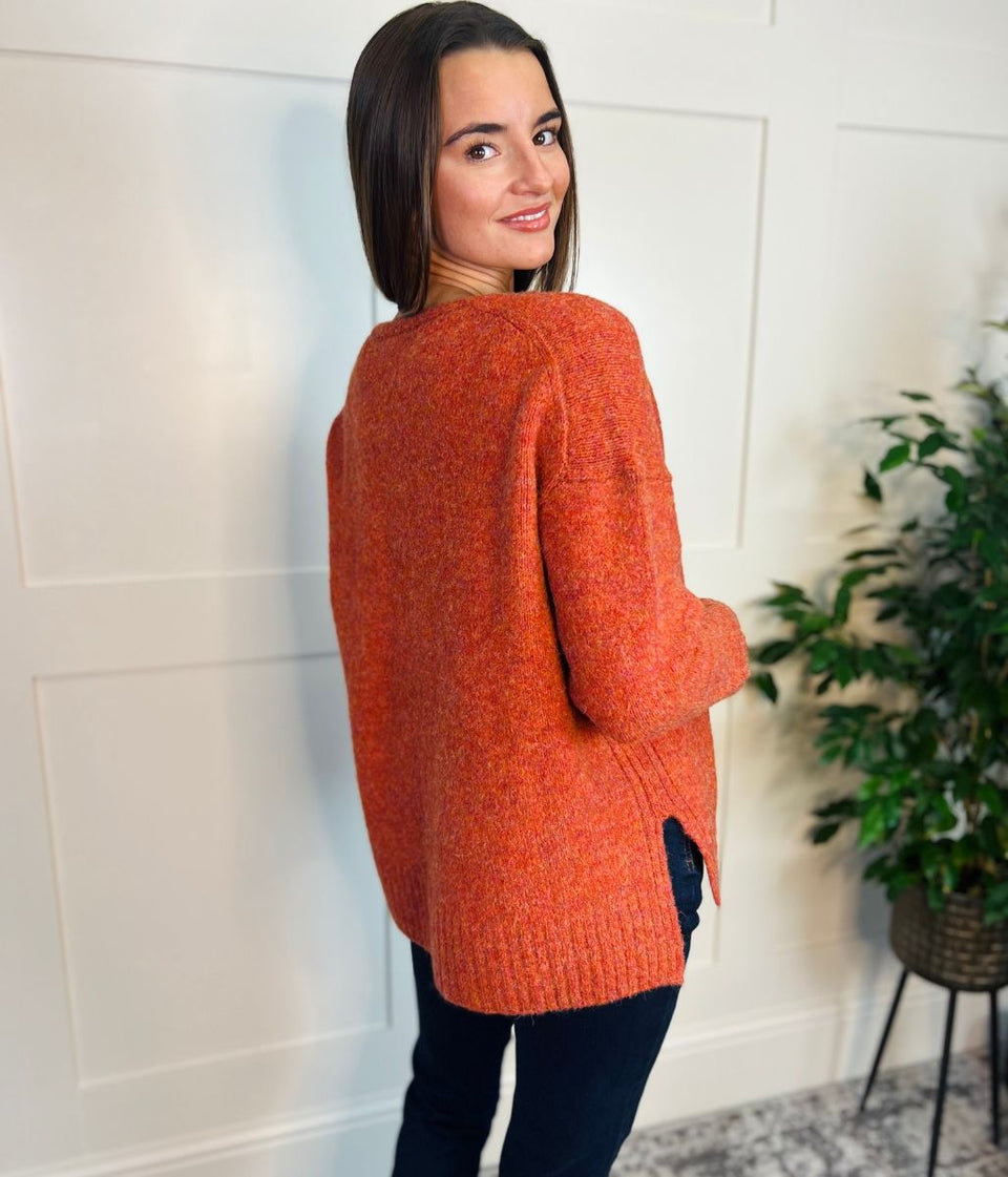 Orange V Neck Wool Blend Jumper