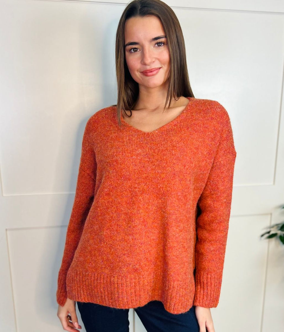 Orange V Neck Wool Blend Jumper