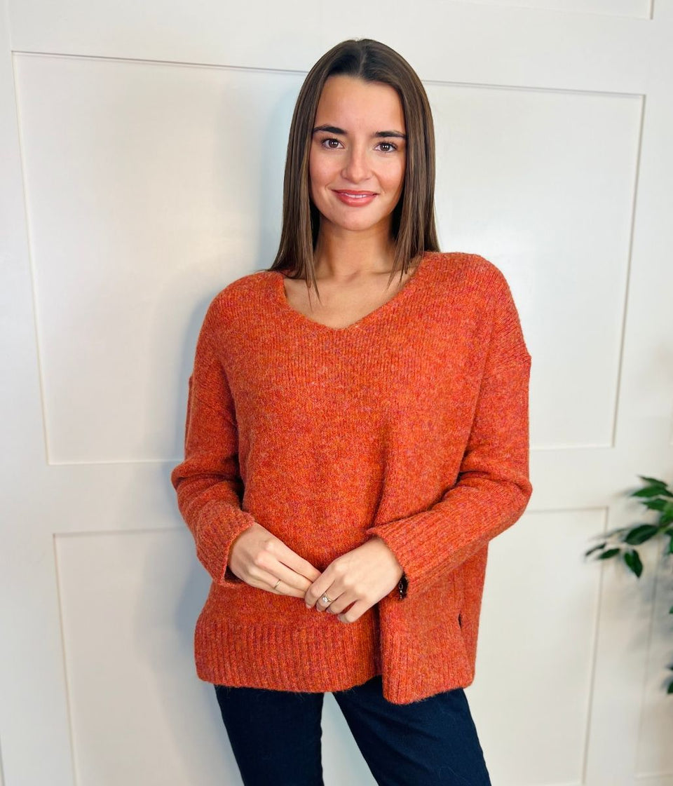 Orange V Neck Wool Blend Jumper