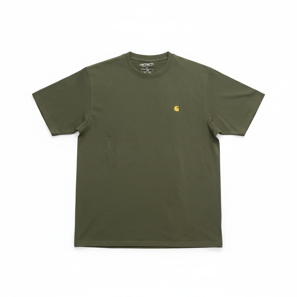 Khaki Carhartt Chase T-Shirt flat lay with logo