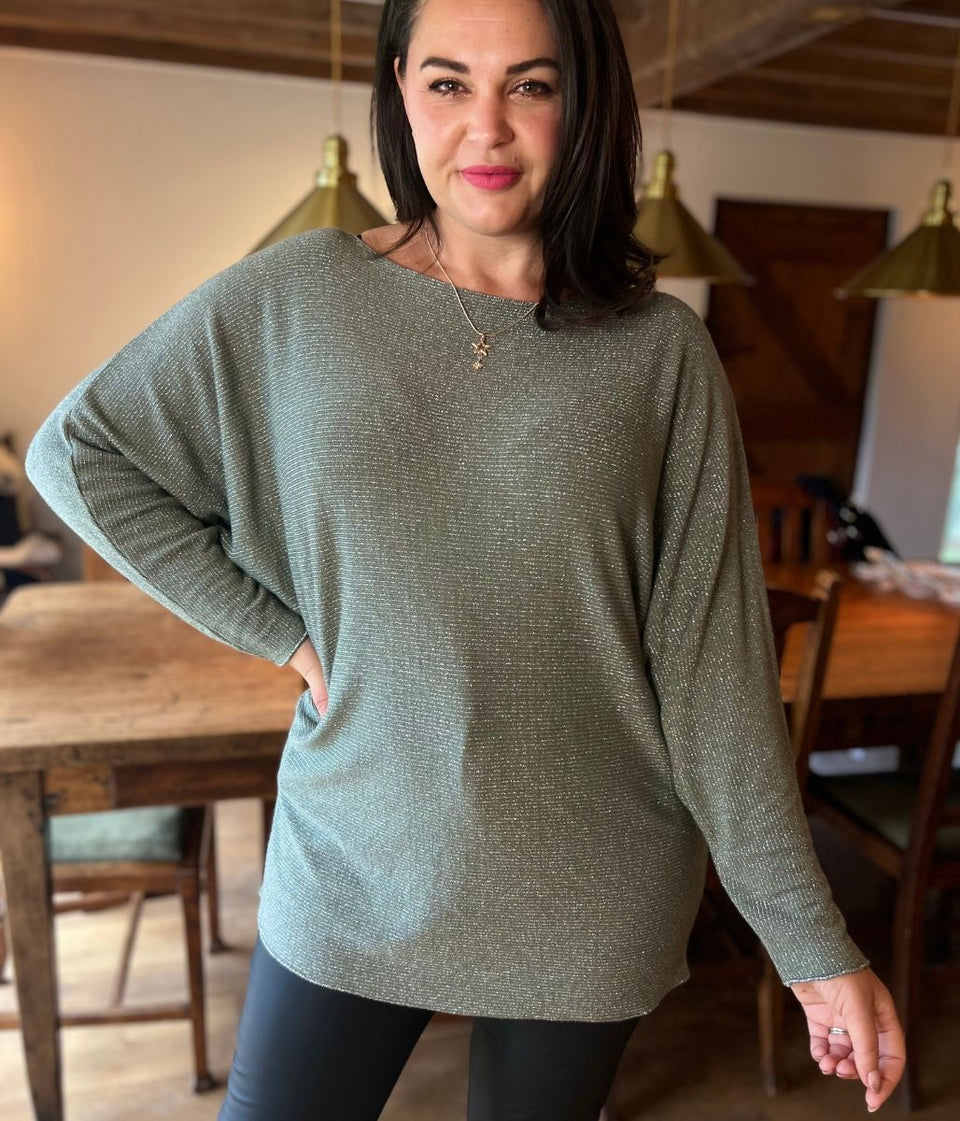 Khaki Metallic Batwing Jumper