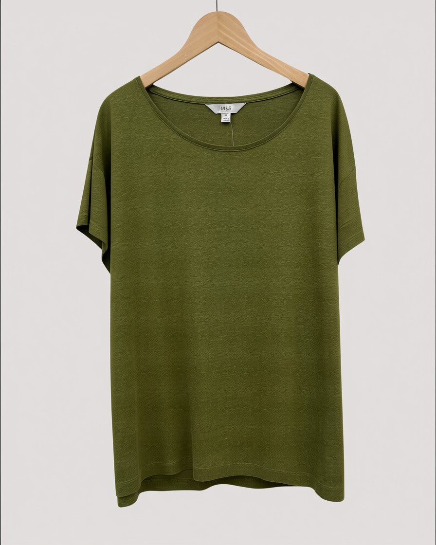 Khaki Crew Neck Linen Blend Tee