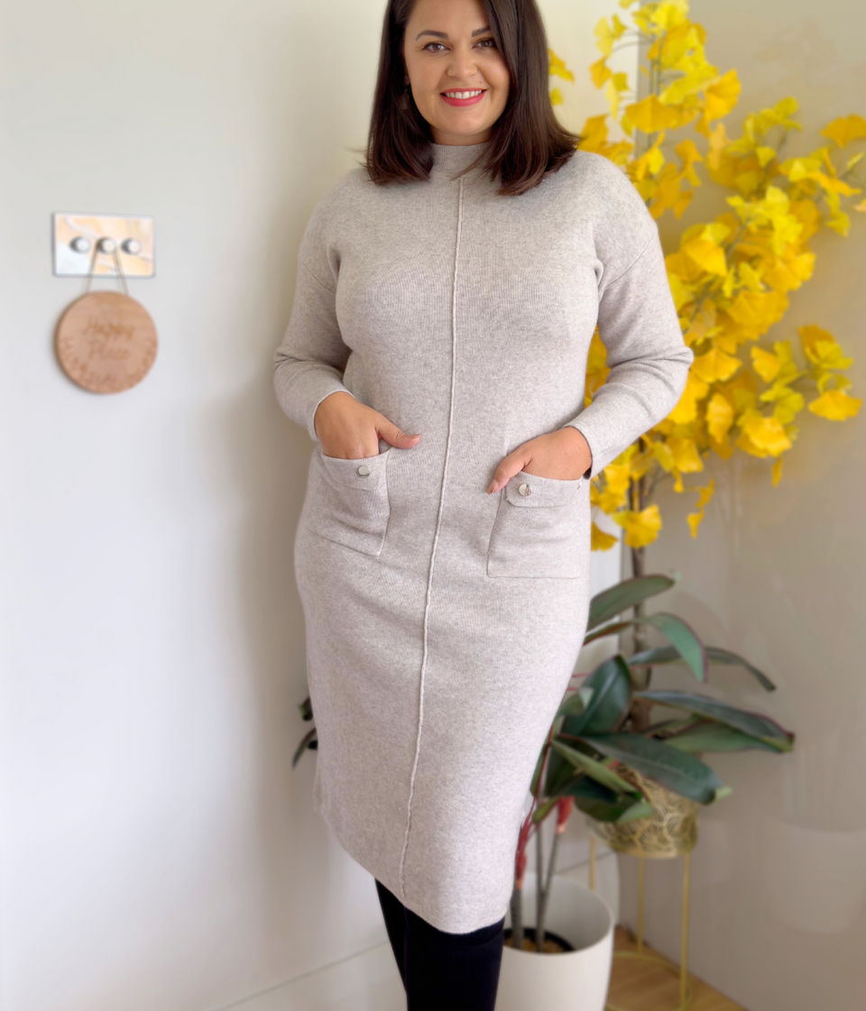 Grey Knitted Midi Pocket Dress